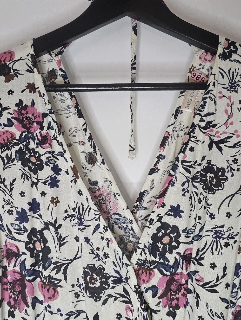 Floral V-Neck Wrap Dress- Cream with Pink & Navy Flowers